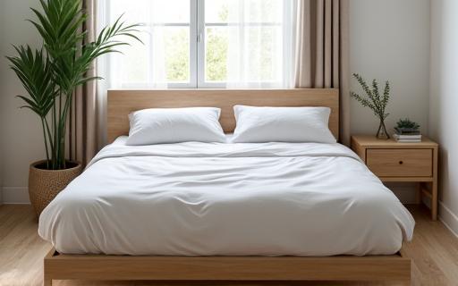 A neatly made bed in a tidy and well-lit bedroom.